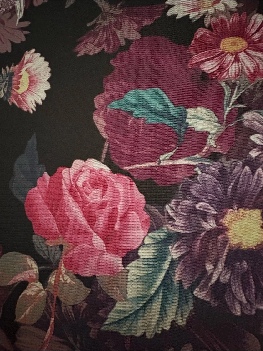 Anne Klein Black Floral Long Sleeve Tiered Midi Dress with Pink & Purple Blooms